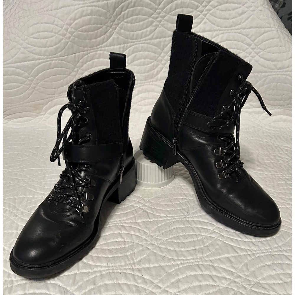 Vince Camuto Kaiander Black Leather Lace Up Buckle Ankle Boots Women's Size 10M